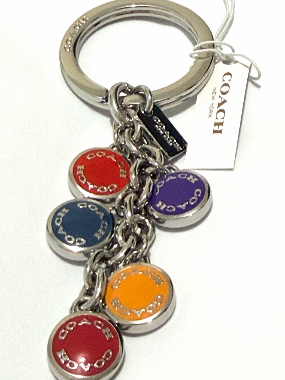 Coach Silver-Tone Keyring with Red, Blue, Purple, Orange and Pink Enamel Charms